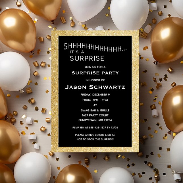 Black and Gold Glitter Surprise Party Birthday Invitation (Creator Uploaded)