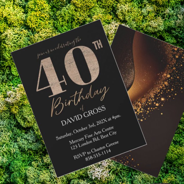 Black and Gold Glitter Swirl 40th Birthday  Invitation (Creator Uploaded)