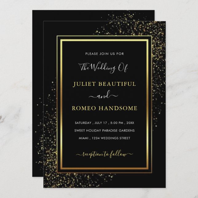 Black and Gold Glitter Wedding Invitations Example (Front/Back)