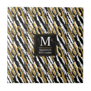 Black and Gold Glitter White Animal Zebra Pattern Ceramic Tile