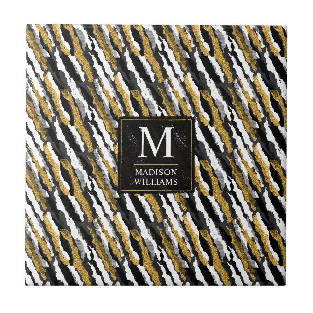 Black and Gold Glitter White Animal Zebra Pattern Ceramic Tile (Front)