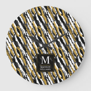 Black and Gold Glitter White Animal Zebra Pattern Large Clock