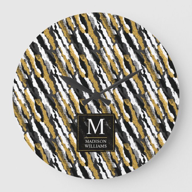 Black and Gold Glitter White Animal Zebra Pattern Large Clock (Front)