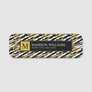 Black and Gold Glitter White Animal Zebra Pattern Name Tag