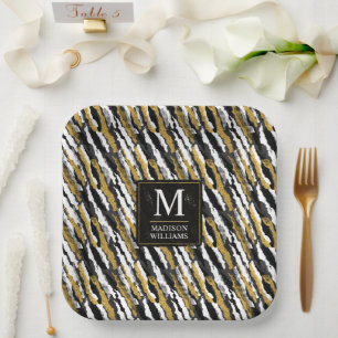 Black and Gold Glitter White Animal Zebra Pattern Paper Plate
