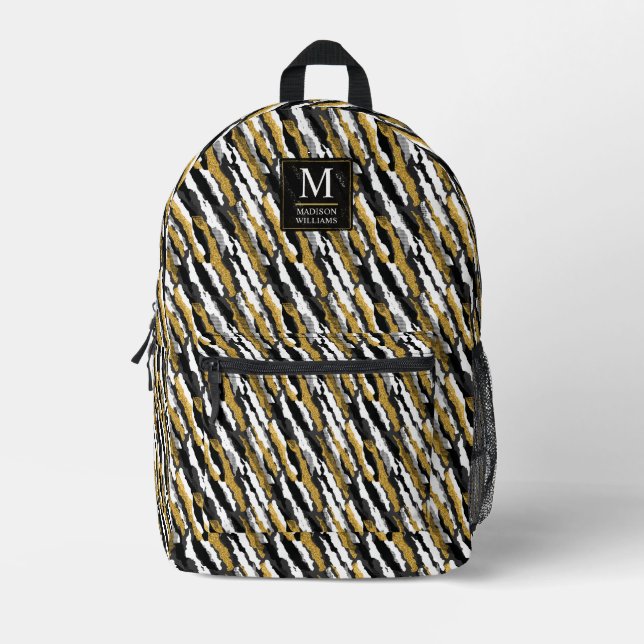 Black and Gold Glitter White Animal Zebra Pattern Printed Backpack (Front)