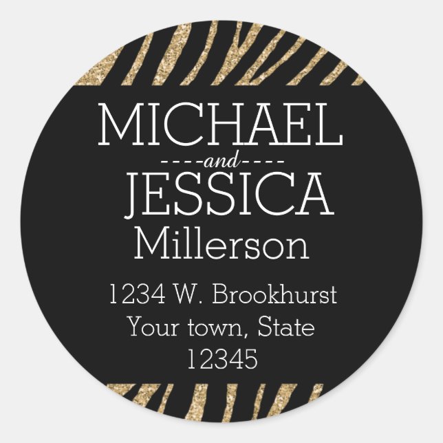 Black and Gold Glitter Zebra Personalised address Classic Round Sticker (Front)