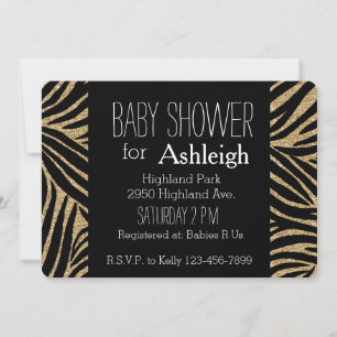 Black and Gold Glitter Zebra Print baby shower Invitation