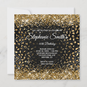 Black and Gold Glittery Leopard Foil 40th Birthday Invitation