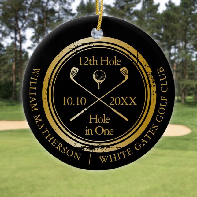Black And Gold Golf Hole In One Retro Personalised Ceramic Ornament (Black And Gold Golf Hole In One Retro Personalized Ceramic Ornament)