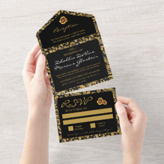 Black And Gold Goth Pattern All In One Invitation