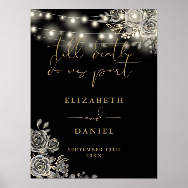 Black And Gold Goth Roses Lights Wedding Sign (Front)
