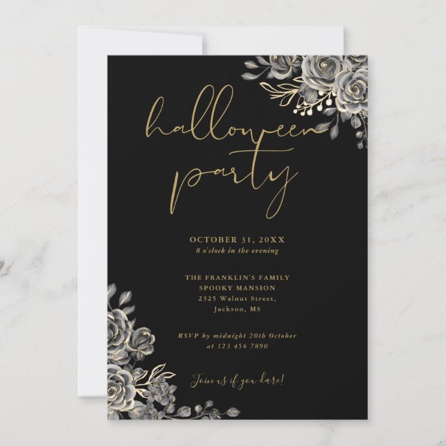 Black And Gold Gothic Floral Adult Halloween Party Invitation (Front)