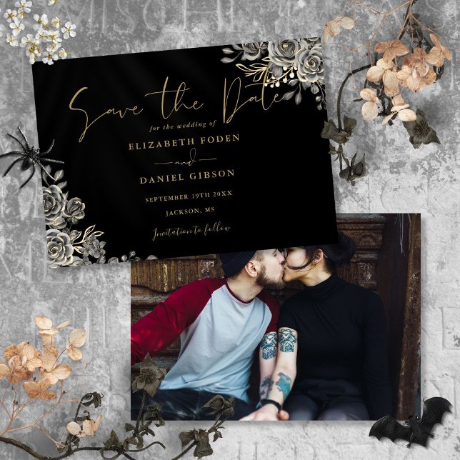 Black And Gold Gothic Floral Photo Wedding Save The Date (Black And Gold Gothic Floral Photo Wedding Save The Date)