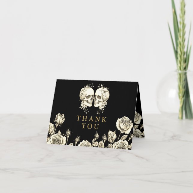 Black And Gold Gothic Floral Skulls Wedding Thank You Card (Front)