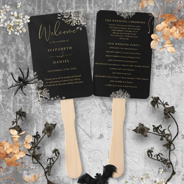 Black And Gold Gothic Floral Wedding Program Hand Fan (Black And Gold Gothic Floral Wedding Program Hand Fan)