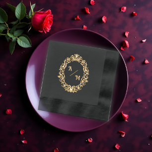 Black and Gold Gothic Monogram Foil Napkins