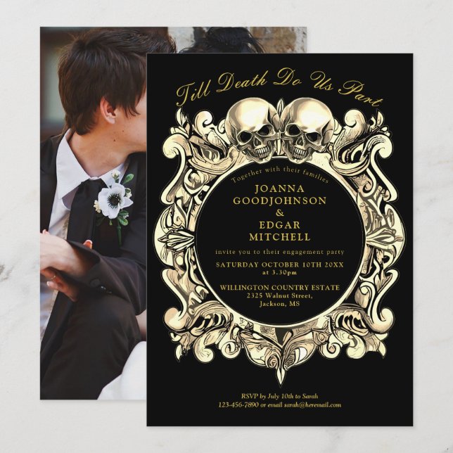 Black And Gold Gothic Photo Engagement Party Invitation (Front/Back)