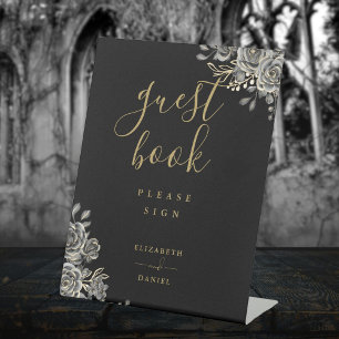 Black And Gold Gothic Roses Floral Guest Book Pedestal Sign