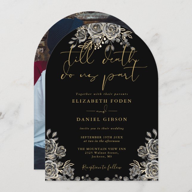 Black And Gold Gothic Roses Floral Photo Wedding Invitation (Front/Back)
