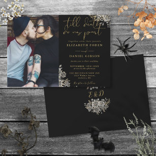 Black And Gold Gothic Roses Floral Photo Wedding Invitation