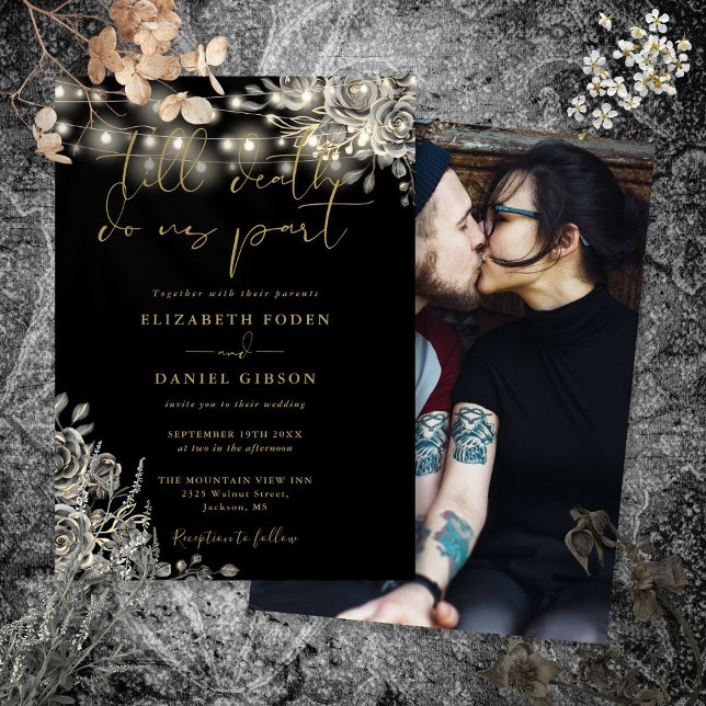 Black And Gold Gothic Roses Lights Photo Wedding Invitation (Black And Gold Gothic Roses Lights Photo Wedding Invitation)