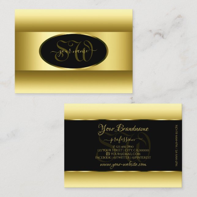 Black and Gold Gradient Initials Golden Oval Frame Business Card (Front/Back)