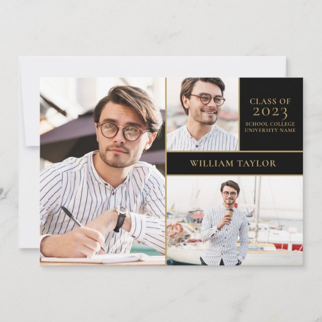 Black And Gold Graduate 3 Photo Graduation Party Invitation (Front)