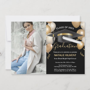 Black and Gold Graduate Cap Graduation Party Photo Invitation
