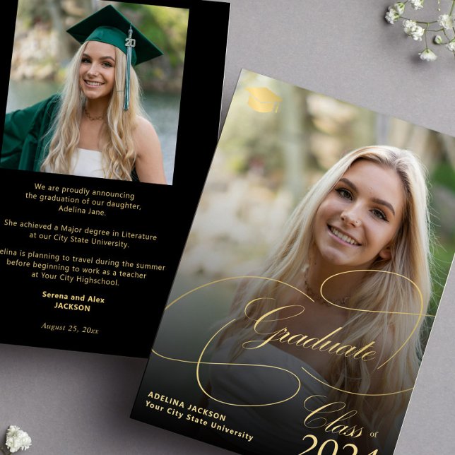 Black and gold graduate script photo graduation announcement (Creator Uploaded)