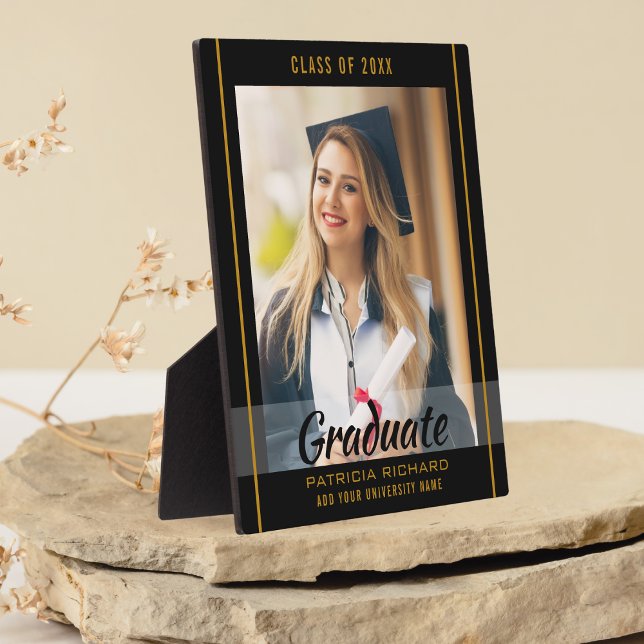 Black And Gold Graduation 20XX Grad Photo Keepsake Plaque (Graduate Photo Keepsake Black And Gold Plaque)