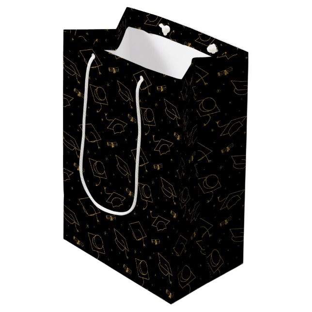Black and Gold Graduation Cap Toss Medium Gift Bag (Front Angled)