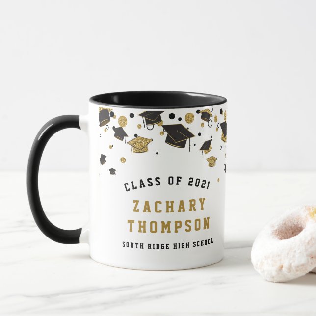 Black and Gold Graduation Class of 2021 Glitter Mug (With Donut)
