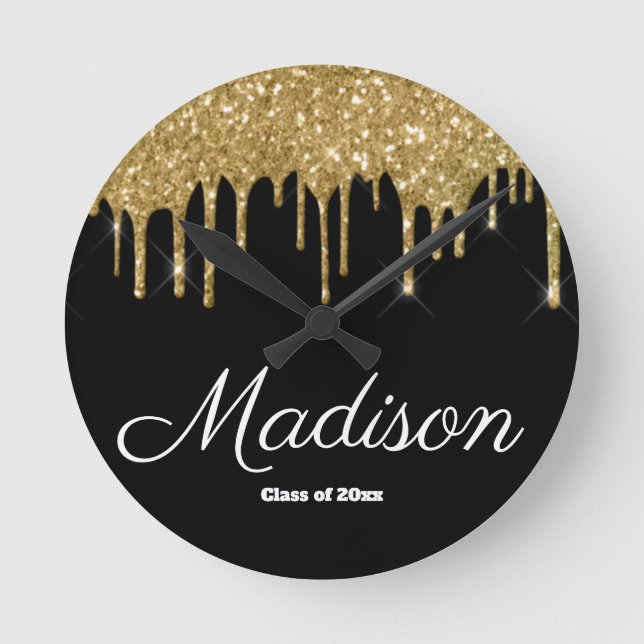 Black and Gold Graduation Gift Class of 2025 Grad Round Clock (Front)