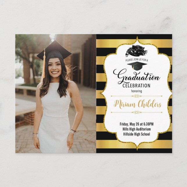 Black and Gold Graduation Invitation with Photo Postcard (Front)