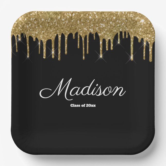 Black and Gold Graduation Party Class of 2025 Paper Plate (Front)