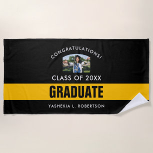 Black and Gold Graduation Personalised Photo Beach Towel