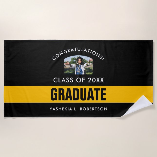  Black and Gold Graduation Personalised Photo Beach Towel (Front)