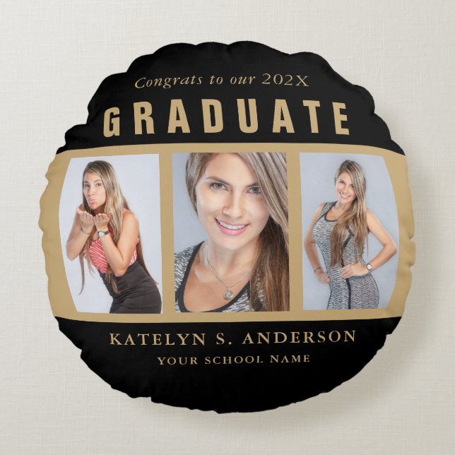 Black and Gold Graduation Photo Collage Custom Round Cushion (Front)