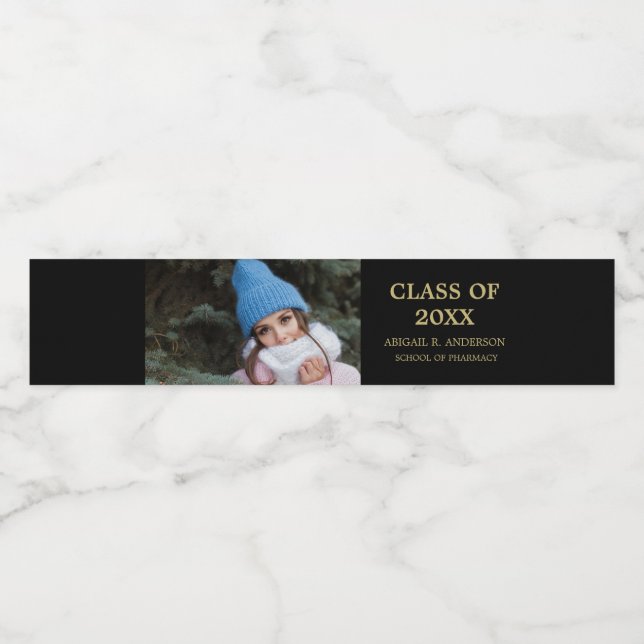 Black and Gold Graduation Photo Custom Water Bottle Label (Single Label)