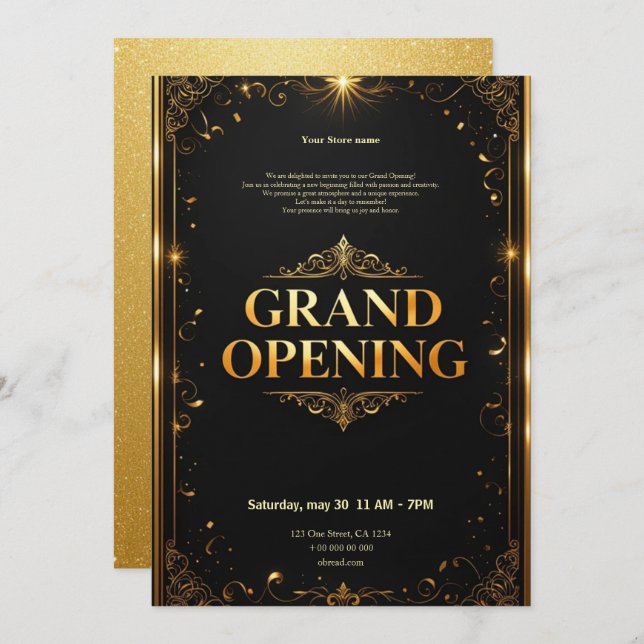 Black and Gold Grand Opening Invitation (Front/Back)