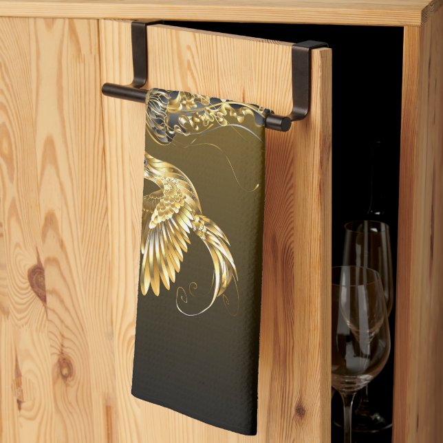 Black and Gold Graphic Art, Elegant Abstract Glow Tea Towel (Thirds Fold)