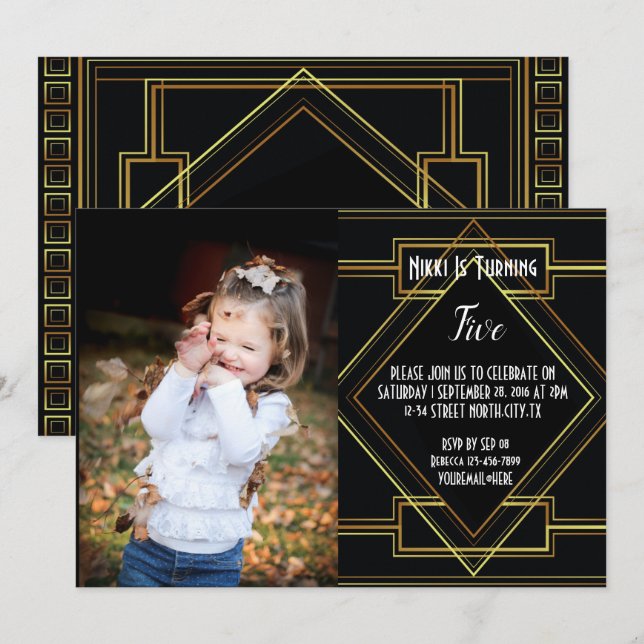 black and gold great gatsby photo Birthday party Invitation (Front/Back)