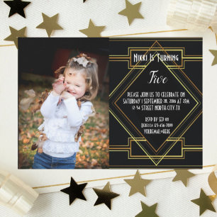 black and gold great gatsby photo Birthday party Invitation