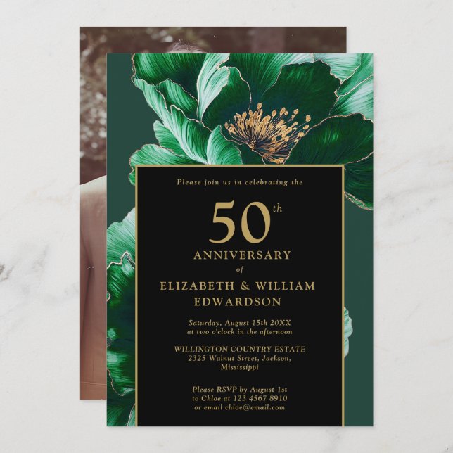 Black And Gold Green Floral 50th Anniversary Invitation (Front/Back)