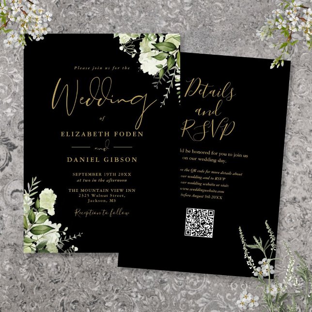Black And Gold Greenery Floral QR Code Wedding Invitation (Black And Gold Greenery Floral QR Code Wedding Invitation)