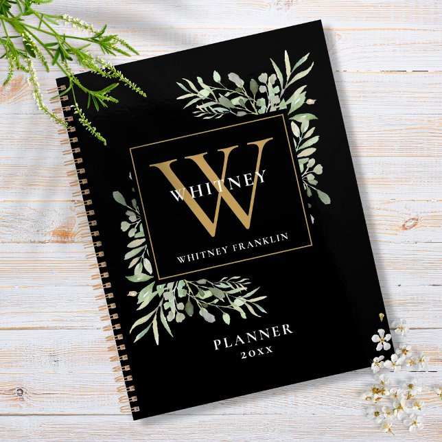 Black and Gold Greenery Leaves Monogram Name 2023 Planner (Creator Uploaded)