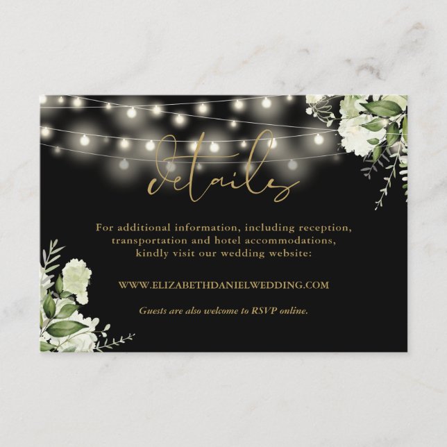 Black And Gold Greenery Lights Wedding Details Enclosure Card (Front)