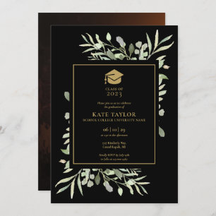 Black And Gold Greenery Photo Graduation Party Inv Invitation
