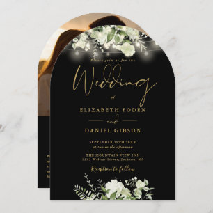 Black And Gold Greenery QR Code Photo Arch Wedding Invitation